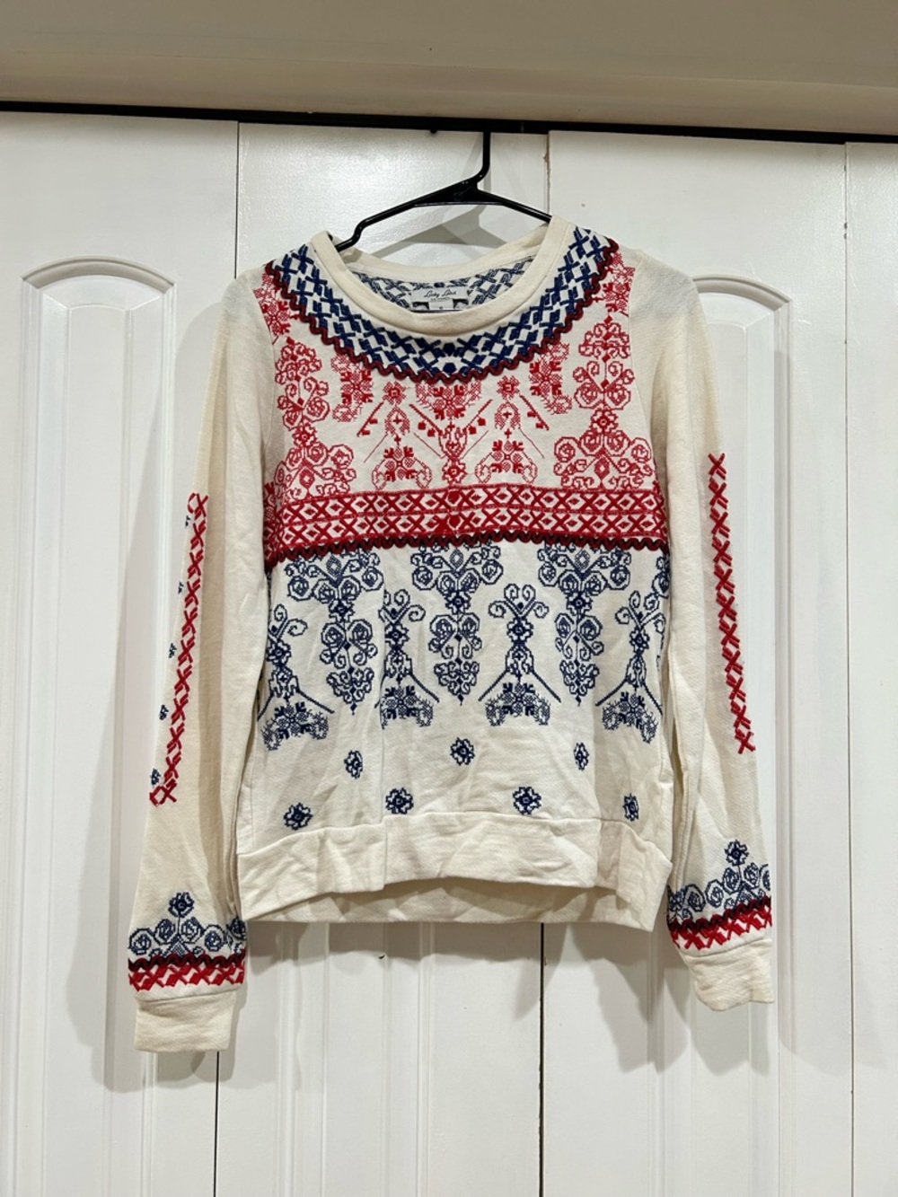 Cream Embroidered Sweatshirt with Red & Navy Folk Motif